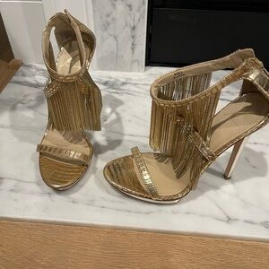 Brian Atwood Metallic Gold Fringe Heels